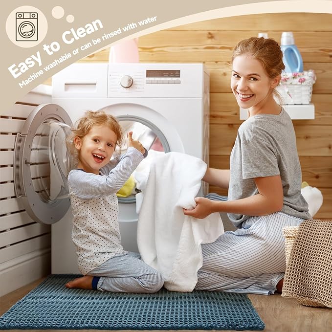 Waffle Runner Rug Bathroom, Long Boho Bathroom Rugs Non Slip Washable Super Absorbent Quick Dry Farmhouse Bath Decor, 60"x24" Denim Blue