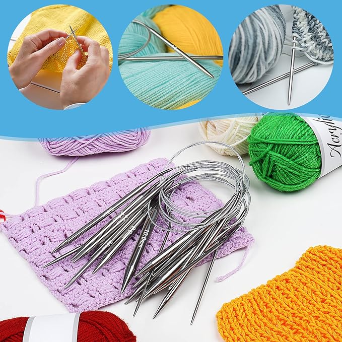 Aeelike Circular Knitting Needles Set Stainless Steel Knitting Needles 32-inch, 9 Pack Knitting Needles Round with Cable, Long & Smooth Metal Round Needles Gift for Mother Grandmother