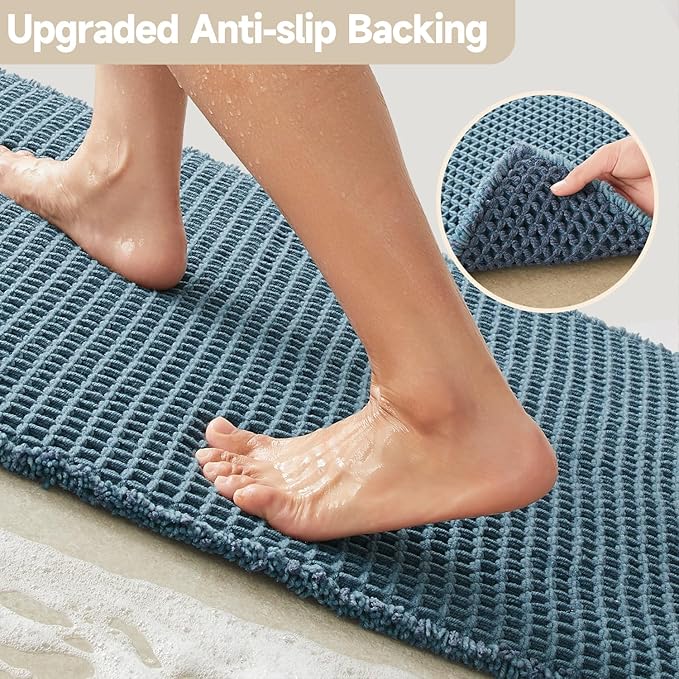 Waffle Bath Mat, Boho Bathroom Rugs Non Slip Washable Super Absorbent Quick Dry Bath Mat Farmhouse Bathroom Decor, 48"x24" Denim Blue