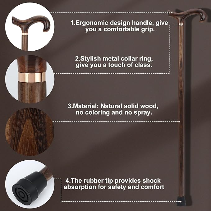 Walking Canes for Men and Women, Wooden Sticks for Seniors, Handcrafted, Ergonomic, Wood Wax Oil Coating Walking Canes for Senior Balance, Crutches for Adults