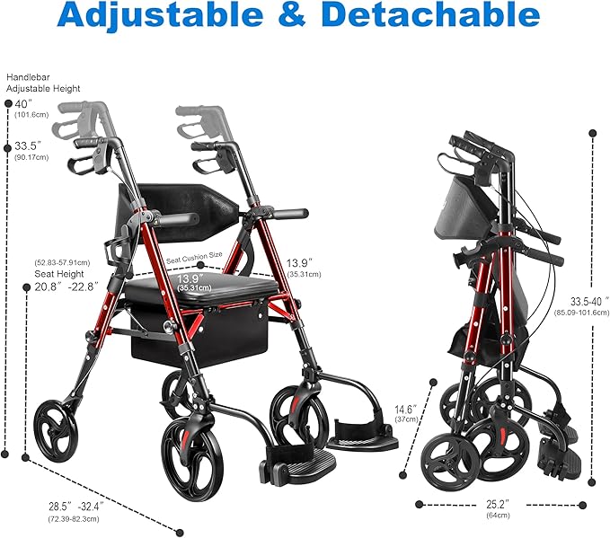 Foldable Rollator Walker with Seat for Seniors & Adults Lightweight 2-in-1 Walker and Wheelchair Combo Adjustable Handle Height and Seat Transport Chair with Brakes 300 lbs Weight Capacity