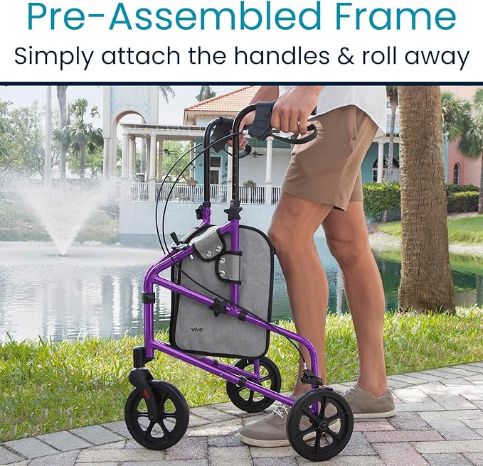 Vive Mobility 3 Wheel Walker - Three Wheeled Rollator for Seniors - Lightweight, Foldable, Narrow, Heavy Duty - for Elderly Men Women - Folding 3-Wheel Tri Scooter with Basket Bag