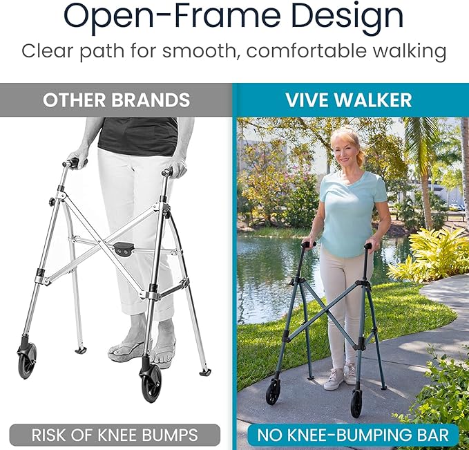 Vive Lightweight Folding Walker for Seniors - Narrow Foldable Rolling Walker for Small Spaces- Compact & Collapsible for Travel - with Wheels, Mobility Support, Portable- Weighs Only 7 Pounds