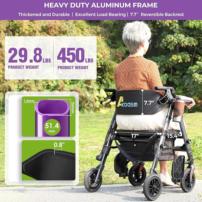Heavy Duty Rollator Walker for Seniors with Seat, Foldable 2 in 1 Rolling Walkers Wheelchair Combo for Adult, All Terrain Wheels, Adjustable Transport Chair with Brake, 450 lb. Weight Capacity, Purple