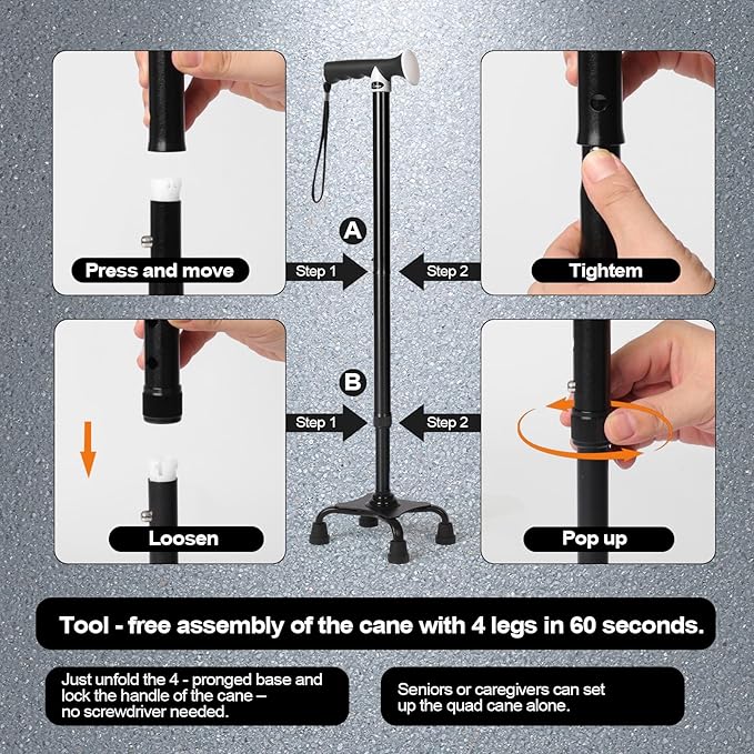 Quad Cane with LED Light (300 lbs) - Adjustable 4-Pronged Walking Cane Sticks for Men & Women, Extra Balance & Stability for Seniors