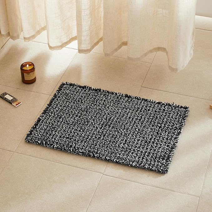 Black and White Bathroom Rugs, Waffle Bath Mat Non Slip Washable Super Absorbent Quick Dry Boho Farmhouse Bathroom Decor, 24"x16" Black and White