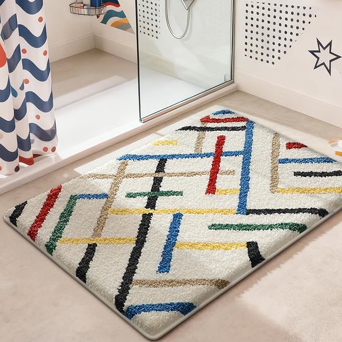 LUMI Bathroom Rugs with Colorful Line, Soft Absorbent Bath Mat for Modern Home Decor, Non-Slip Quick-Dry Bath Rug, Machine Washable Floor Mat for Shower and Tub, Entryway, 24"x36", Colored Line