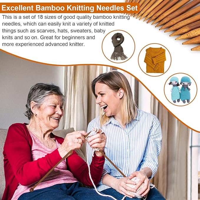 Aeelike 18 Pairs Bamboo Knitting Needles Set - 10 Inches Wooden Knitting Needles Single Point with Roll Bag - Portable Knittings Needle Set for Beginners (2mm - 10mm)
