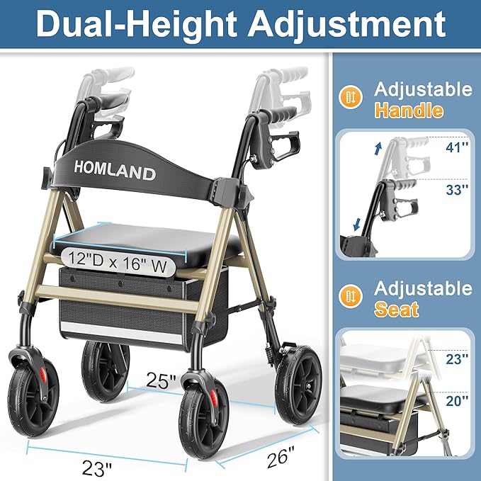 HOMLAND Rollator Walkers for Seniors with Seat, 8" All Terrain Wheels, Durable Aluminum Frame, Lightweight Foldable Walker with Ergonomic Seat, Height Adjustable Rolling Walker