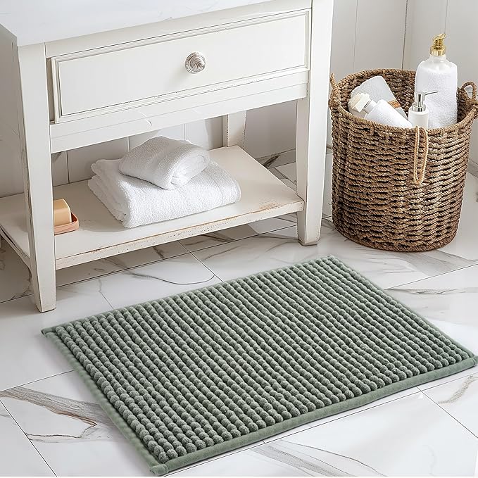 FRESHMINT Thick Chunky Chenille Bathroom Rug, 17"x24", Non Slip Bath Mat, Soft Bathroom Decor, Cute Shower Mat, Water Absorbent, Washable, Sage Green