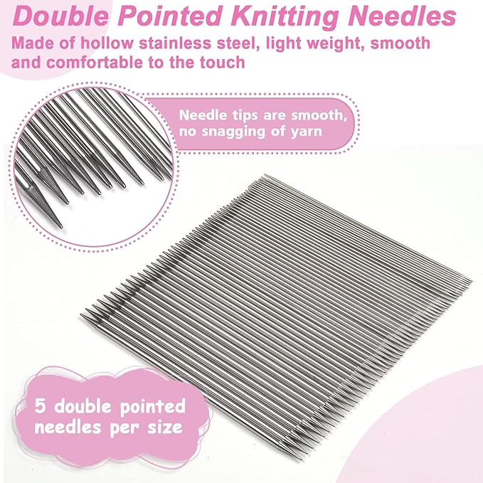 Aelike 55pcs Double Pointed Knitting Needles, 11 Sizes Stainless Steel Metal Short Knitting Needles Set, Straight & Double Pointed Knitting Needle Sets 2mm to 6mm