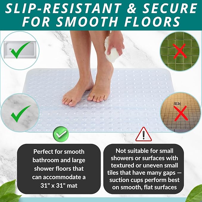 ENKOSI Extra Large Square Non Slip Shower Mat - 31 x 31-inch XL Bathroom Shower Mat - Square Shower Matts for Shower Stall Floors | Secure Suction Cups and Drain Holes (31x31 Clear)
