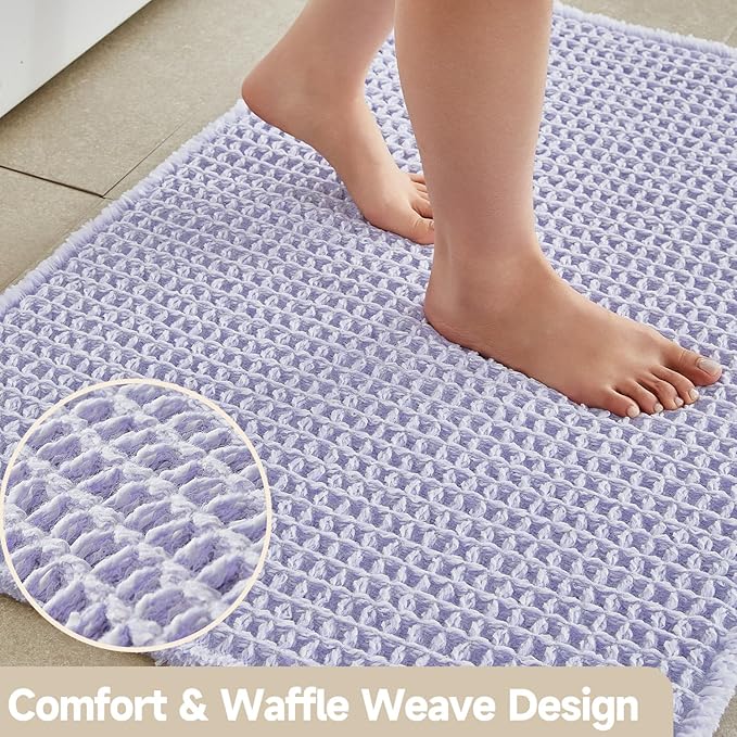 Waffle Bath Mat, Boho Bathroom Rugs Non Slip Washable Super Absorbent Quick Dry Cute Bath Mat Farmhouse Bathroom Decor, 36''x24'' Lavender Cream