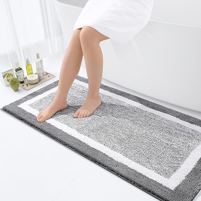 OLANLY Bathroom Rugs 47x24, Extra Soft and Absorbent Microfiber Bath Mat, Non-Slip, Machine Washable, Quick Dry Shaggy Bath Carpet, Suitable for Bathroom Floor, Tub, Shower (Runner, Grey)