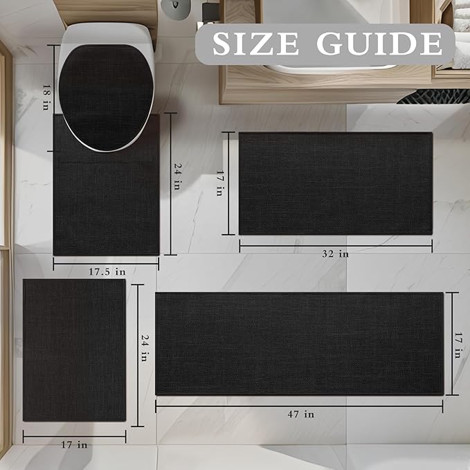 YIHOUSE Black Bathroom Rug Sets 5 Piece, Absorbent Bath Mat for Bathroom Non Slip Washable, Bathroom Mat Quick Dry, Thin Bath Rug Set for Toilet and Floor