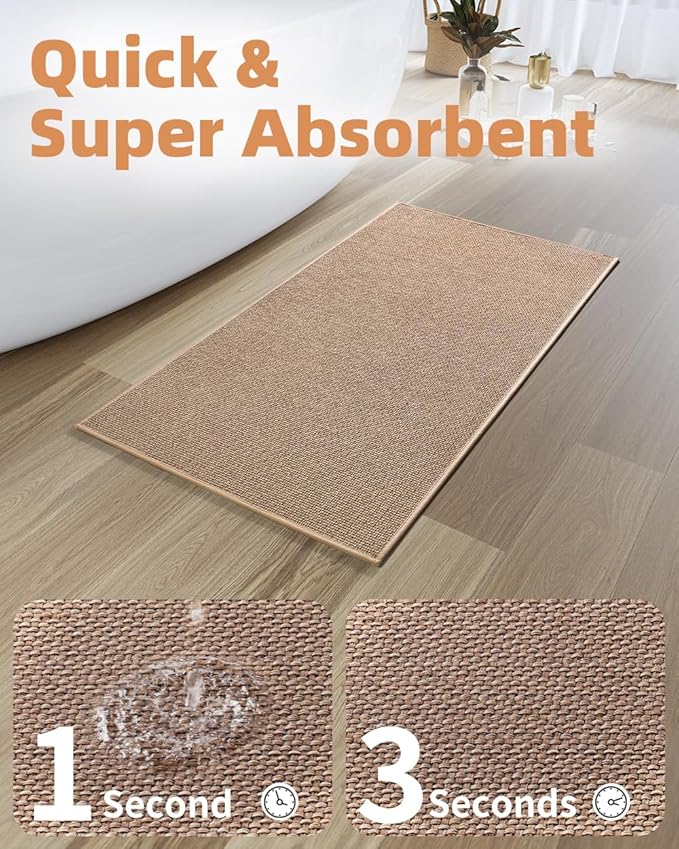 PADOOR Non-Slip Bath Mat With Rubber-Backing, Braided Absorbent Machine Washable Thin Rug for Bathroom Floor, Quick Dry, Fits Under Door, 17''x24'' Beige