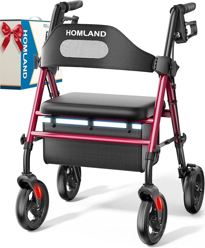 HOMLAND Foldable Rollator Walkers with Seat for Seniors, 8'' Big Wheels, 350 lb. Weight Capacity, Adjustable Handles and Seat Height, Lightweight Rolling Walker, Red