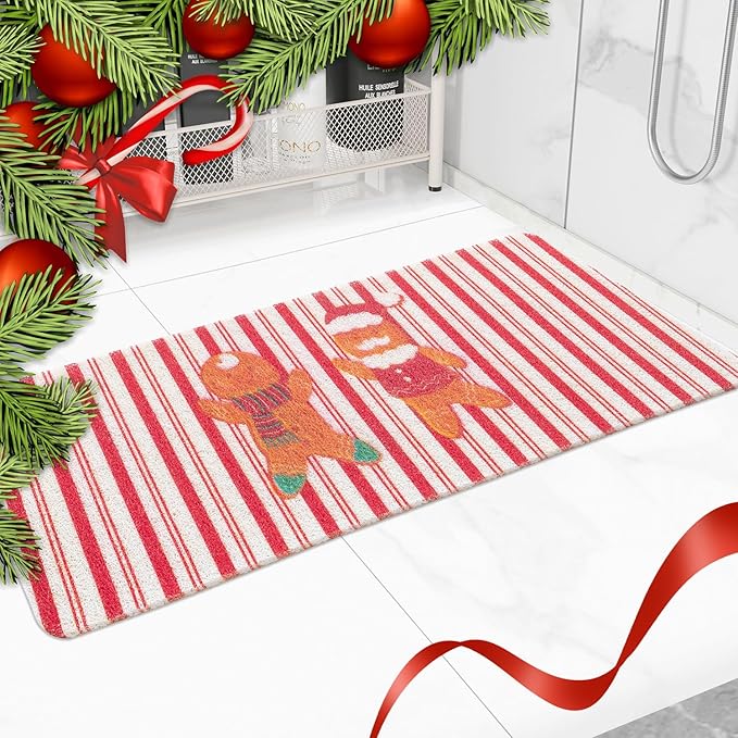 Christmas Non-Slip Bathtub Mat, Anti Slip Shower Mat, Fast Drying Bathtub Mats, Foot Scrubber Mat for Tub, Floor, Bathroom, Kitchen, Home, Hotel (Gingerbread Santa, 40"x16")