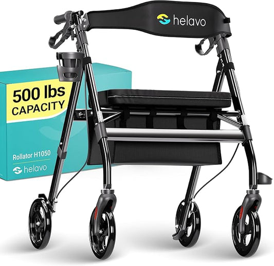 Helavo Bariatric Walker with Large, Height-Adjustable Seat, 500 lbs Weight Capacity, All Terrain 8-inch Wheels, 28-inch Wide - Extra Wide Heavy Duty Rollator for Seniors