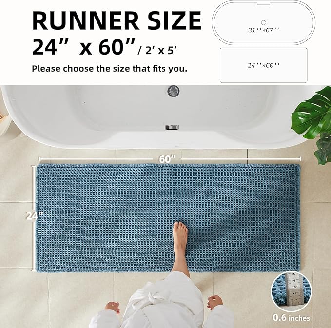 Waffle Runner Rug Bathroom, Long Boho Bathroom Rugs Non Slip Washable Super Absorbent Quick Dry Farmhouse Bath Decor, 60"x24" Denim Blue