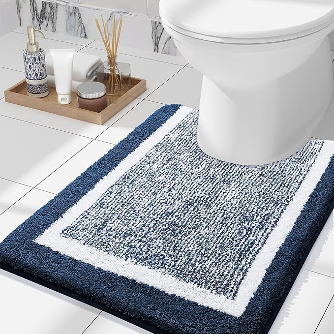 OLANLY Toilet Rugs U-Shaped 24x20, Extra Soft and Absorbent Microfiber Bathroom Rugs, Non-Slip, Machine Wash Dry, Plush Shaggy Contour Bath Mats for Toilet Base (Navy and White)