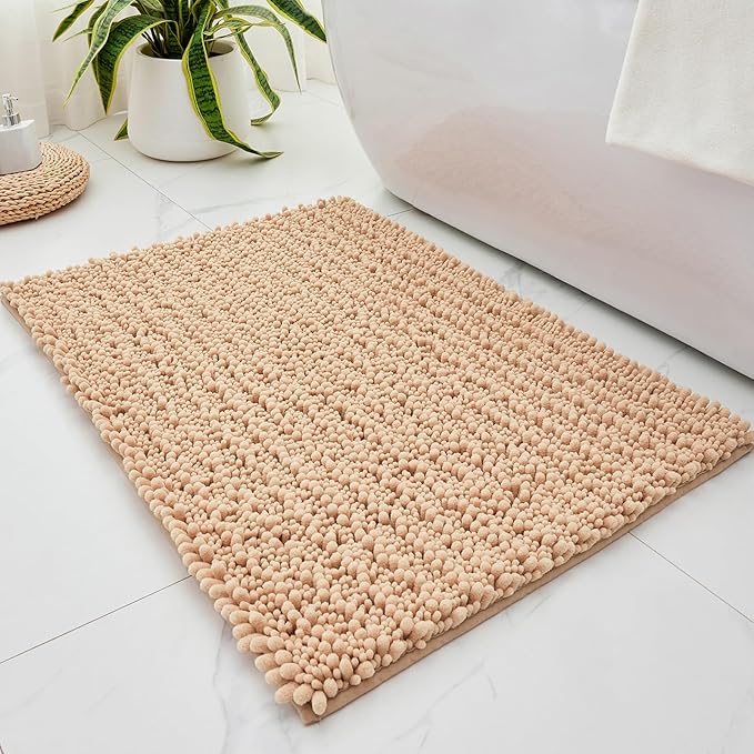 Small Bathroom Rug Non Slip Washable Beige Bath Mat 20x32 Super Absorbent Soft Bathroom Floor Mat Chenille Bath Rug for Shower Tub