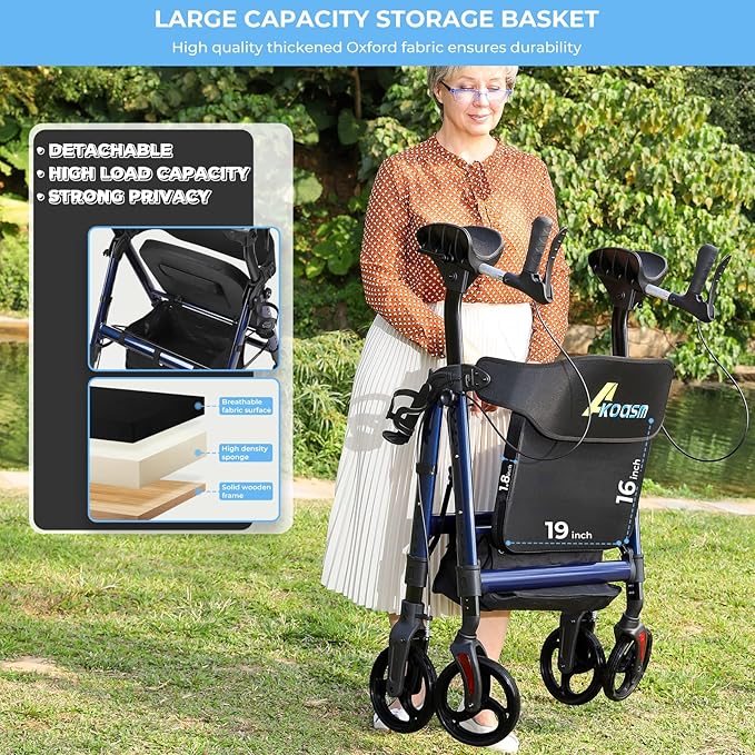 Heavy Duty Upright Walker, Rollator Walkers for Seniors with Seat, Foldable Stand Up Rolling Walker, Standing Walkers for Seniors, Adjustable Seat & Handle, Aluminum, 450 Lb. Weight Capacity, Blue