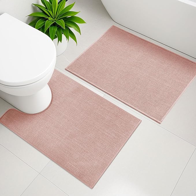 YIHOUSE Pink Bathroom Rug Sets 2 Piece, Bathroom Mat Quick Dry, Thin Bath Rug Set,Absorbent Bath Mat for Bathroom Non Slip Washable for Toilet and Floor 17.5"x24"U+17"x24"