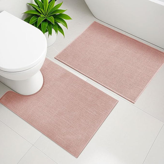 YIHOUSE Pink Bathroom Rug Sets 2 Piece, Bathroom Mat Quick Dry, Thin Bath Rug Set,Absorbent Bath Mat for Bathroom Non Slip Washable for Toilet and Floor 17.5"x24"U+17"x24"