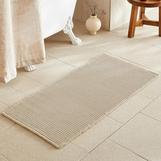 Pale Beige Bathroom Rug, Waffle Bath Mat Non Slip Washable Super Absorbent Quick Dry Boho Farmhouse Bathroom Decor, 48''x24'' / 4'x2' Pale Beige