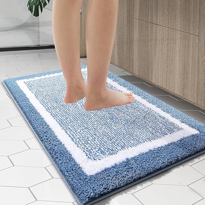 OLANLY Bathroom Rugs 44x24, Extra Soft and Absorbent Microfiber Bath Mat, Non-Slip, Machine Washable, Quick Dry Shaggy Bath Carpet, Suitable for Bathroom Floor, Tub, Shower (Runner, Blue)