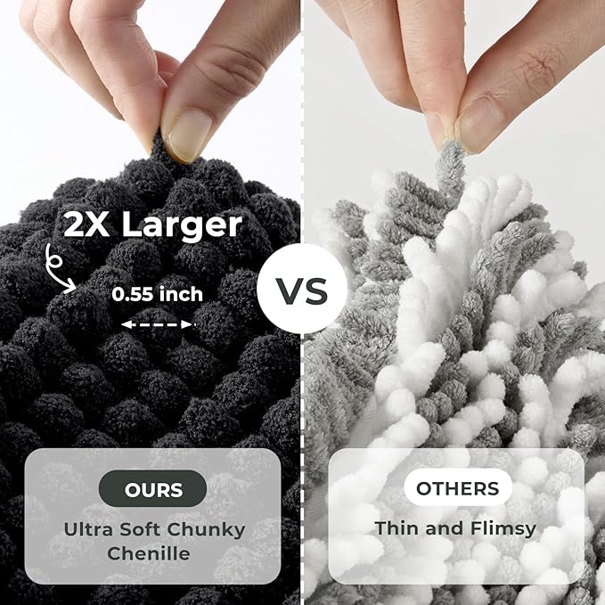 FRESHMINT Thick Chunky Chenille Bathroom Rugs 24"x36", Non Slip Bath Mat for Bathroom Floor, Large Soft Bathroom Decor Accessories, Cute Shower Mat Water Absorbent, Washable, Black