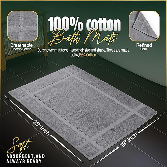 Pearl Linens Pack of 6 Washable Cotton Bath Mat 18x25 - Soft & Absorbent Quick Dry Bathroom Mat Set, Not Bathroom Rugs After Shower Mat, Terry Bath Tub Mat, 687 GSM Light Grey