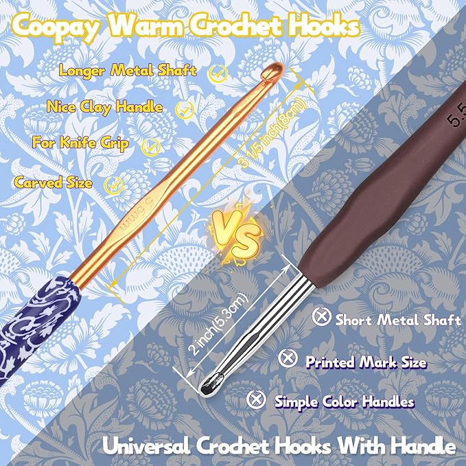 Coopay Warm Crochet Hooks Comfort Grip, Dark Blue & White Porcelain Art Handle Crochet Set for Beginners, Longer Aluminum Shaft Crochet Hook Set 2.0mm-6.0mm, Smooth Crochet Needles Set for Crochet