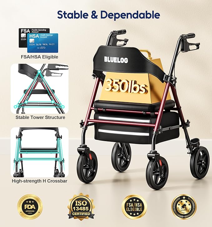 Walkers for Seniors Rollator Walkers with Seat, 350lb Capacity with Cup Holder & Cane Holder, 8'' All Terrain Wheels, Adjustable Handles and Seat Height, Foldable Design, Burgundy