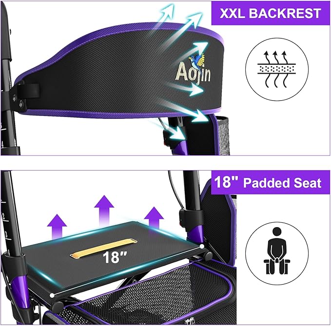 Walkers for Seniors, Rollator Walker with Seat, 350 lb Weight Capacity, 18" Big Seat, 8" All-Terrain Wheels, 6-Level Adjustable Height, Lightweight Aluminum Frame Rollator Walkers for Seniors (Purple)