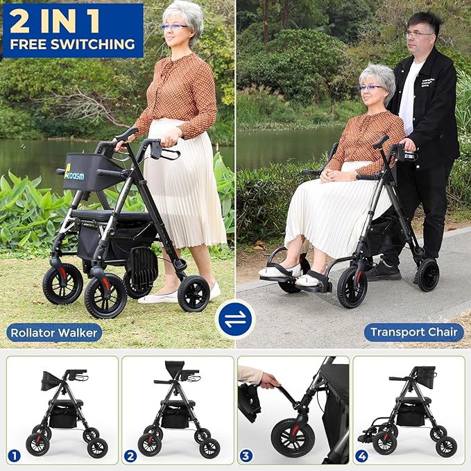 Foldable Rollator Walker for Seniors with Seat, Lightweight 2 in 1 Rolling Walkers Wheelchair Combo for Adult, Transport Chair with Brakes, Adjustable Seat and Handle, 300 Lb. Weight Capacity, Grey