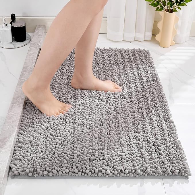 Small Bathroom Rug Non Slip Washable Grey Bath Mat 20x32 Super Absorbent Soft Bathroom Floor Mat Chenille Bath Rug for Shower Tub