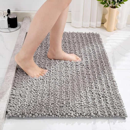Small Bathroom Rug Non Slip Washable Grey Bath Mat 20x32 Super Absorbent Soft Bathroom Floor Mat Chenille Bath Rug for Shower Tub