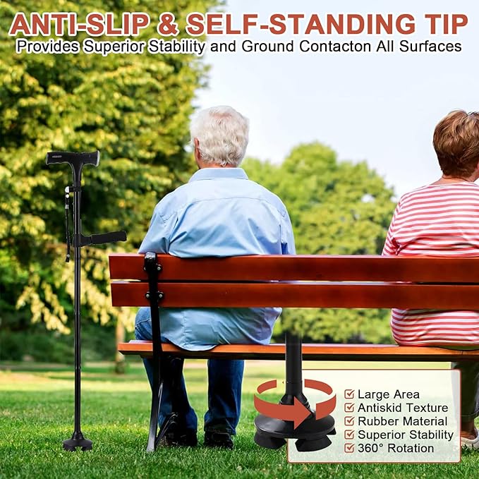 Walking Cane with LED Light & Alarm, Adjustable Smart Walking Cane with Side Handle Quad Base, Foldable Free Standing Walking Stick, Mobility Aid Provides Balance for Arthritis Disabled & Elderly