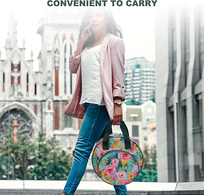 JLDTOP Round Embroidery Project Bag Embroidery Storage Organizer Cross Stitch Bag Floral for Floss, Hoops, Thread, Knitting Tools(Bag Only) (Green Floral)