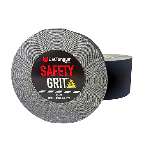 CatTongue Safety Grit Abrasive Grip Tape 4” - 60 Grit Anti-Slip Tape - Waterproof, Safety Traction for Stairs, Ramps & Walkways - Indoor/Outdoor Use - Independently Certified (Black, 60ft)