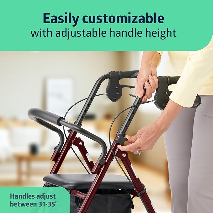Medline Steel Rollator Walker for Adult Mobility Impairment, Burgundy, 350 lb. Weight Capacity, 8” Wheels, Foldable, Adjustable Handles, Rolling Walker for Seniors