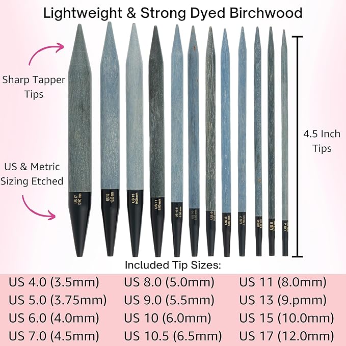 Lykke Indigo 5 in. Complete Set US Sizes 4, 5, 6, 7, 8, 9, 10, 10.5, 11, 13, 15, 17 Interchangeable Circ. Knitting Needles for DK, Worsted, Chunky Yarns, Birch, 5 Cords, Violet DM Case, Project Bag