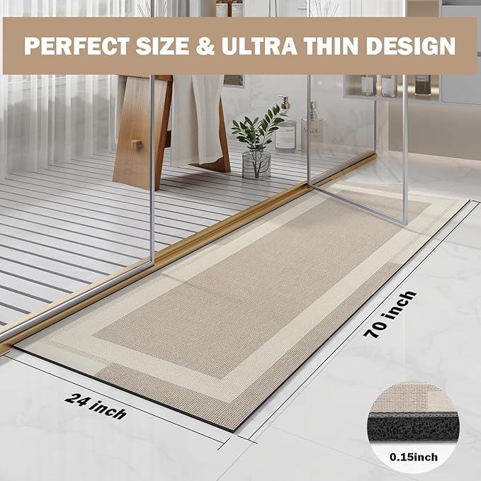 Extra Long Non Slip Bathroom Runner Bath Mat, Rubber Backing Ultra Thin Bath Rug Fit Under Door Quick Dry Super Absorbent Washable Shower Mat for Bathroom Floor Bathtub Sink, Beige 24"x70"