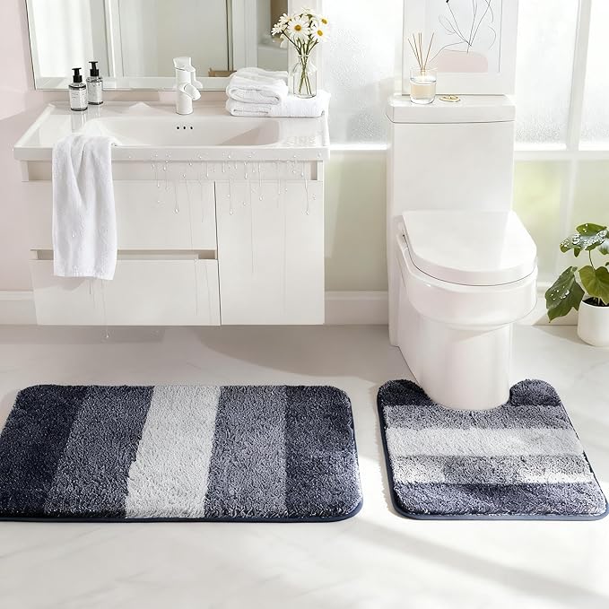 Exclusivo Mezcla Toilet Rugs U-Shaped 20x24, Extra Soft Non Slip Absorbent Water Microfiber Bath Rugs, Machine Washable Quick Dry Bath Mats for Toilet, Gradient Navy Blue