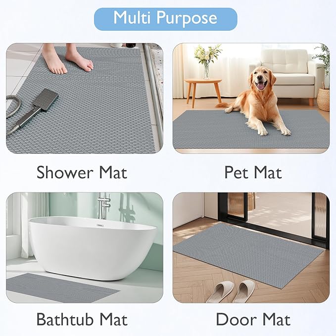 Extra Large Non-Slip Shower Mat, Fast-Dry PVC Bath Stall Tub Mat, Drain-Hole Design for Shower Stall Tub for Elderly/Kids, Non Slip Bath Mat Bathroom Safety Accessory, Gray 24"x16"