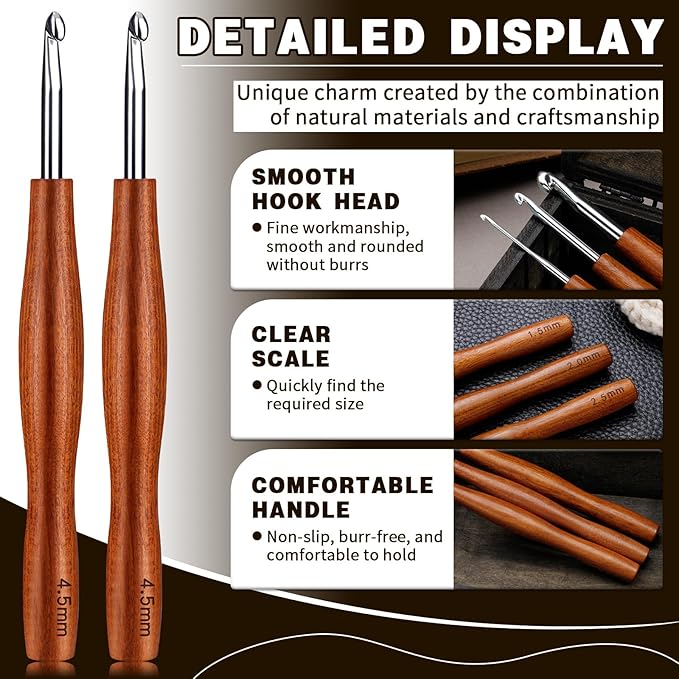 Nitlak 2Pcs 4.5mm Crochet Hook, Available in 1.5mm-6.0mm, Aluminum Ergonomic Crochet Hook with Wooden Handle for Arthritic Hands, Beginners, Crochet Needles for Knitting