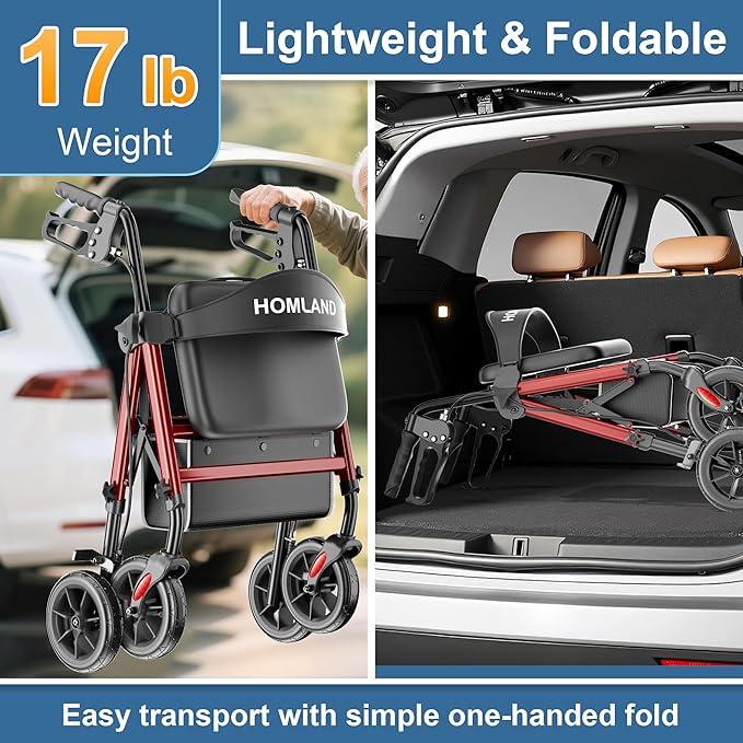 HOMLAND Rollator Walkers for Seniors with Seat, 8" All Terrain Wheels, Durable Aluminum Frame, Lightweight Foldable Walker with Ergonomic Seat, Height Adjustable Rolling Walker