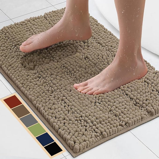 Bcoimo 24"×17" Chenille Bath Mat – Non-Slip with Backing Bath Rug Ultra-Absorbent and Machine Washable Bathroom Mat Quick-Dry Design. Ideal for Bathroom and Tub Areas
